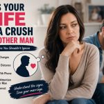 Signs Your Wife Has a Crush on Another Man – woman appearing emotionally distant while her husband looks concerned in the background.