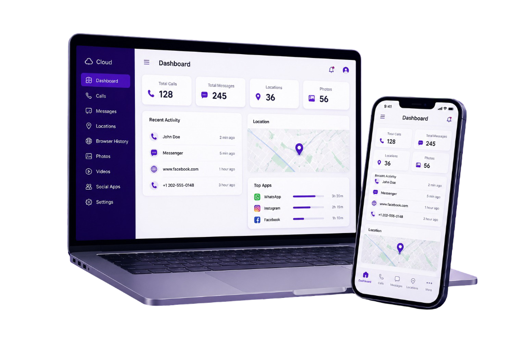 Spouseware Cloud monitoring dashboard on laptop and smartphone for secure online activity, browser history, and social media monitoring.