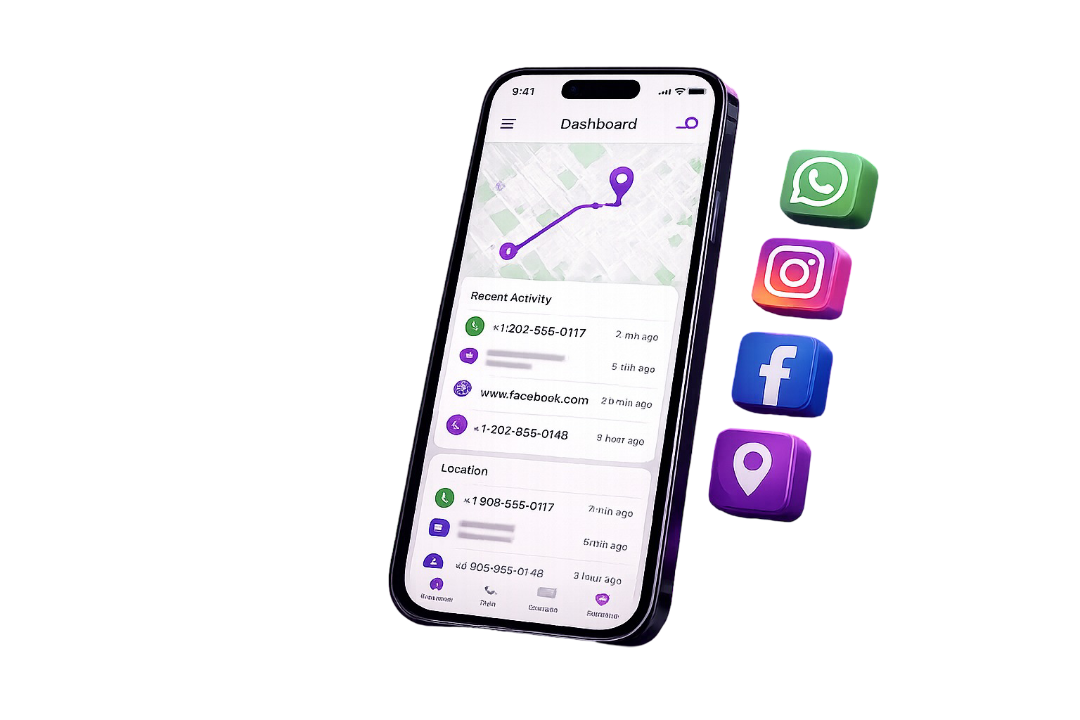Spouseware Mobile monitoring app displaying GPS tracking, calls, messages, and social media activity on a smartphone.