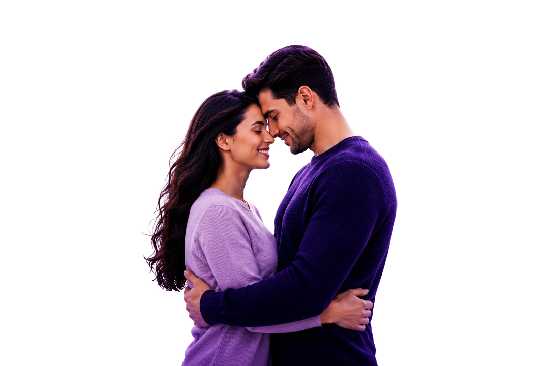 Couple embracing with a glowing shield and security icons representing relationship protection, trust, and privacy